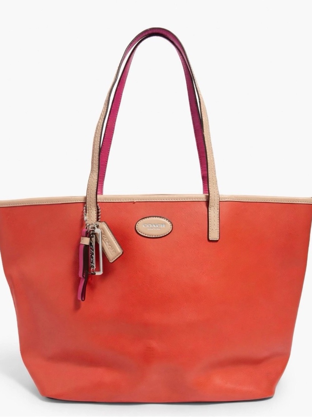 Coach Orange Leather Tote with Pink-Trim Handles and Tan Accents